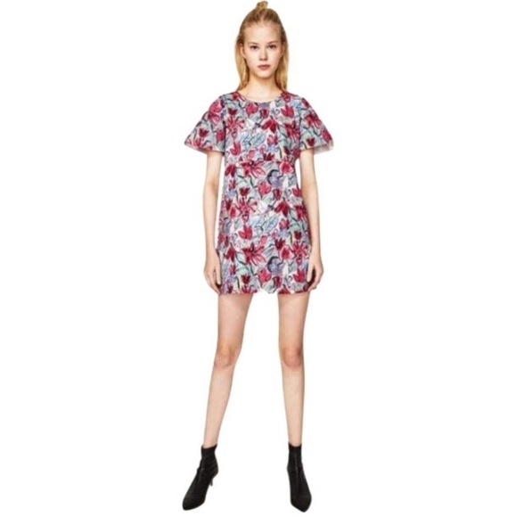 Zara Trafaluc Floral Tie Back Mini Dress Flutter Sleeves - Picture 2 of 12